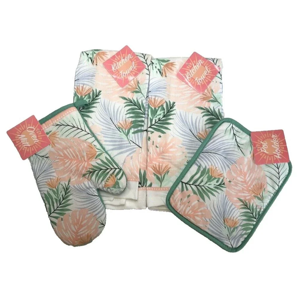 Pink Palm Kitchen Dish Towels Oven Mitt Potholder Beach Summer House Set of 4